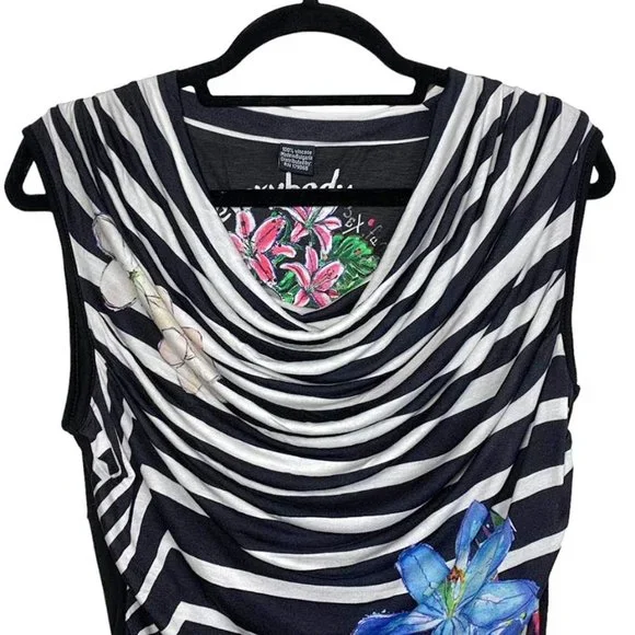 DESIGUAL Sara Sleeveless Cowl Neck Ruched Stripe and Floral Dress - Picture 4 of 7